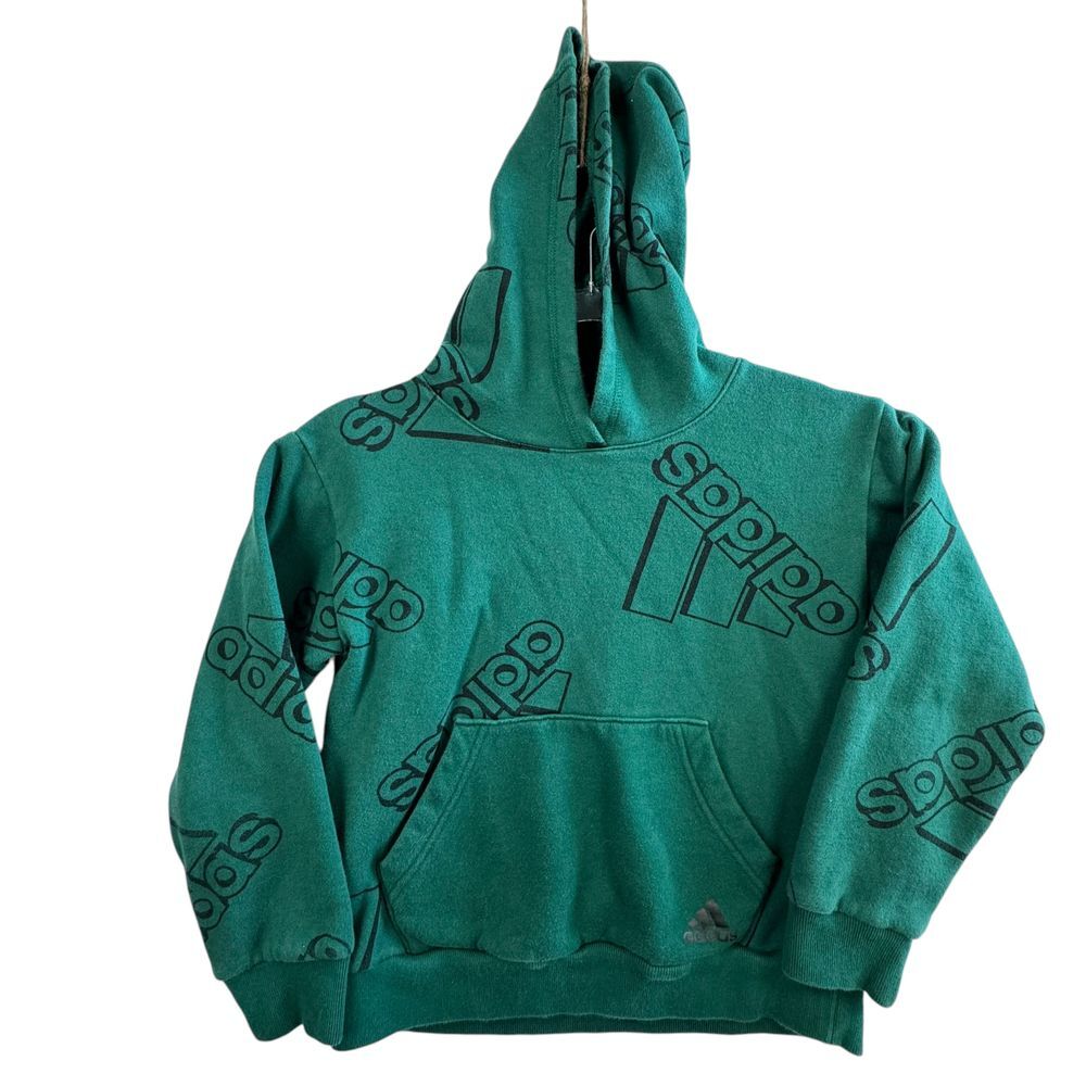 Adidas Kids All-Over Logo Print Hoodie Sweatshirt Green Sporty Casual Size 8